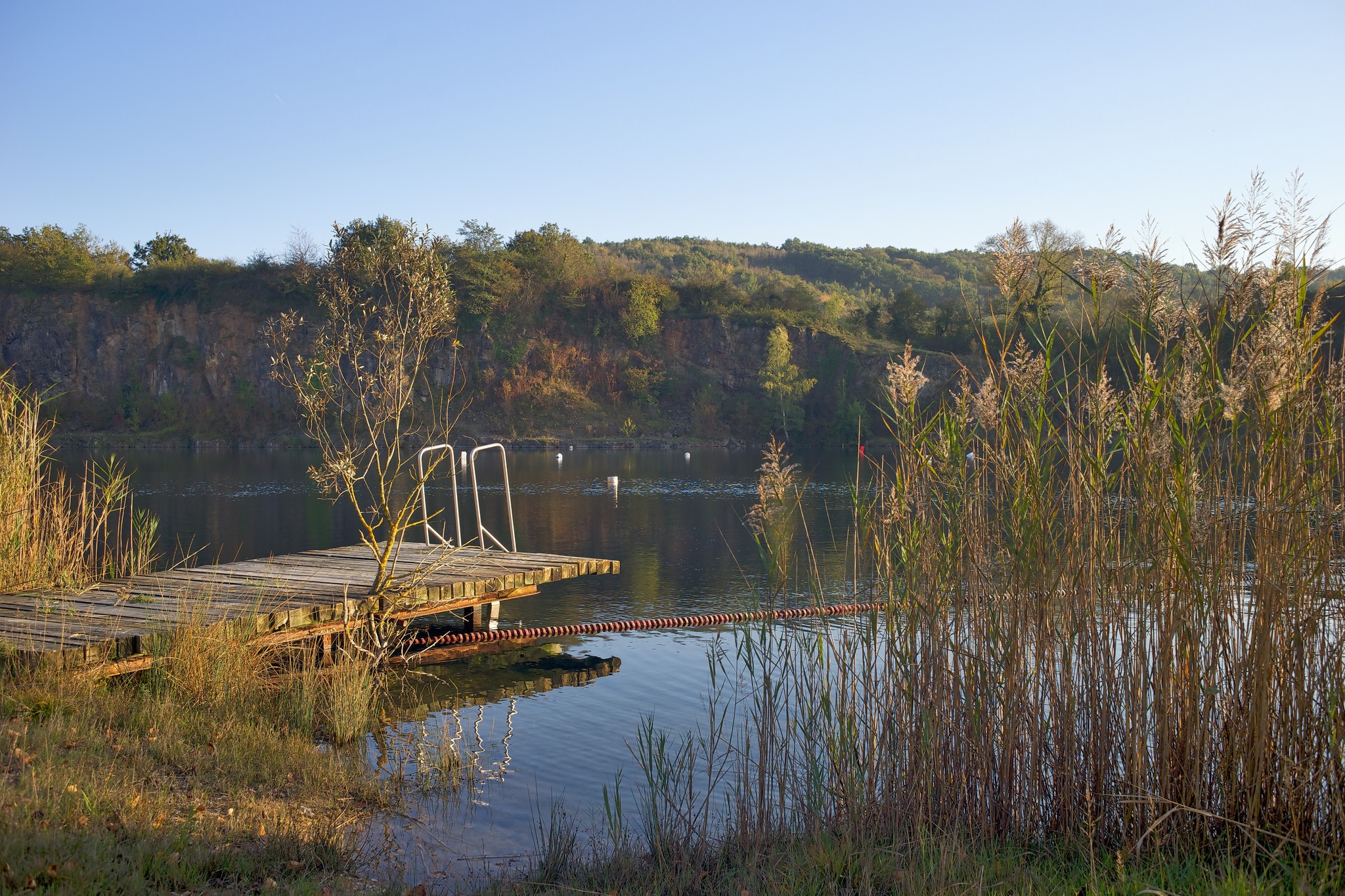 Ponton au bord du plan d'eau en automne